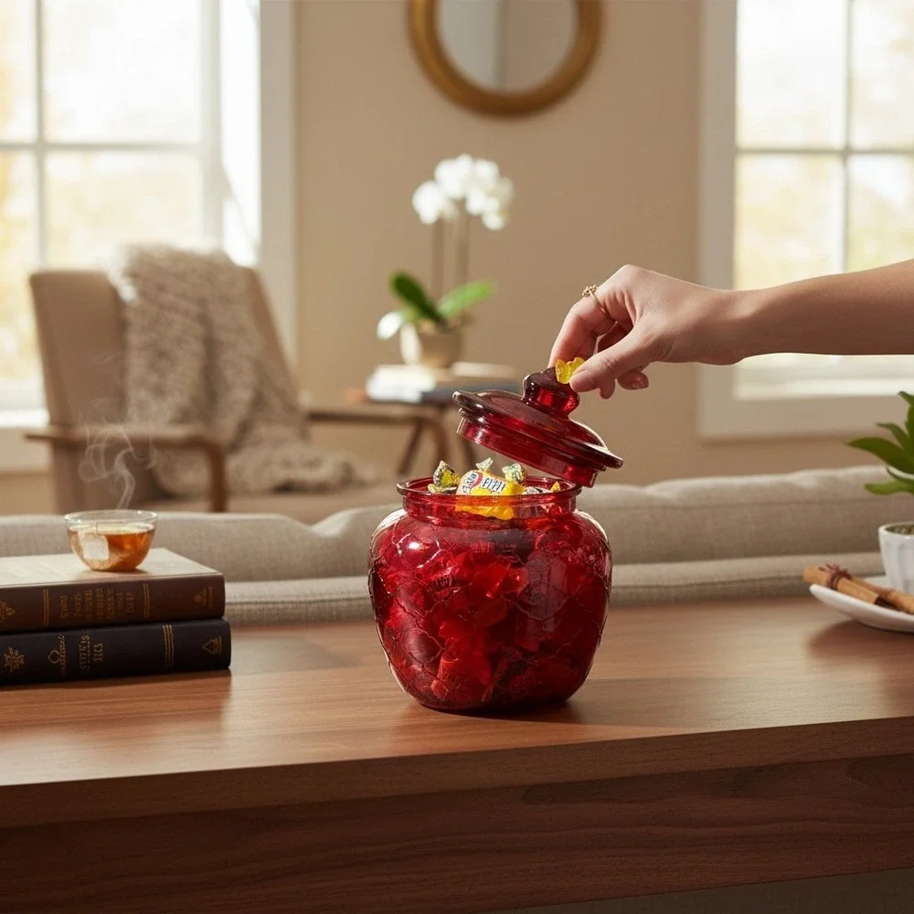 Threshold Glass Candy Jar Red Excellent Quilted Farmhouse 200 09 0249
